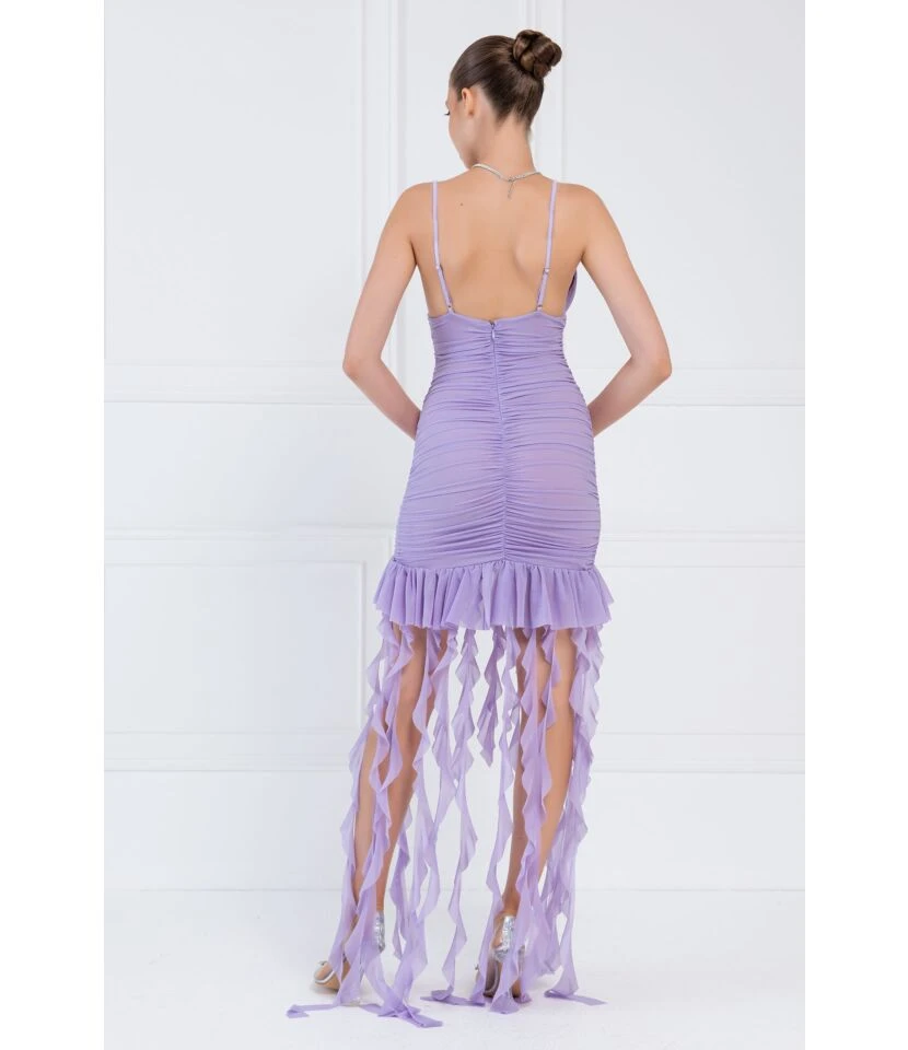 Ribbon Shirring Deep V Open Back Strap Solid Color Dress Wholesale Dresses N462023030600177 - Image 5