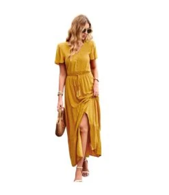 Casual Solid Color Fly Fly Sleeve V-Neck Button High Waist A-Line Dress Wholesale Dresses V5923050300046