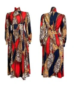 Long Sleeve High Waist Pleated Printed Dress Wholesale Womens Clothing N3823101700018