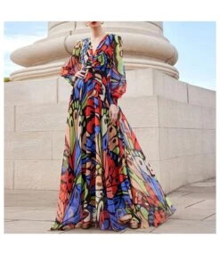 Casual French Vintage Print V-Neck Design Chiffon Dress Wholesale Dresses N5323032300036