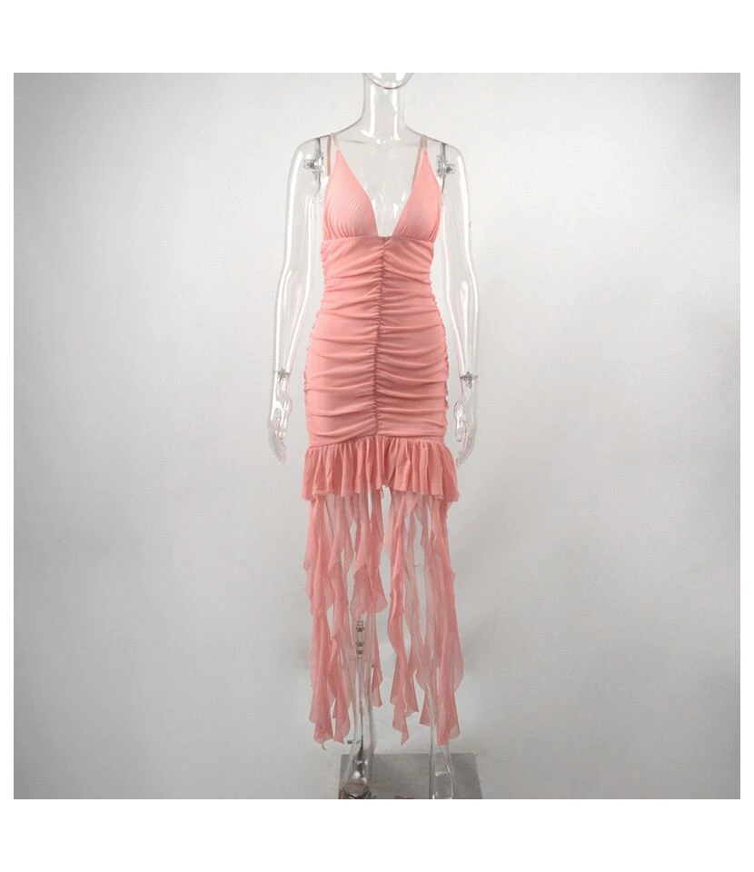 Ribbon Shirring Deep V Open Back Strap Solid Color Dress Wholesale Dresses N462023030600177 - Image 6