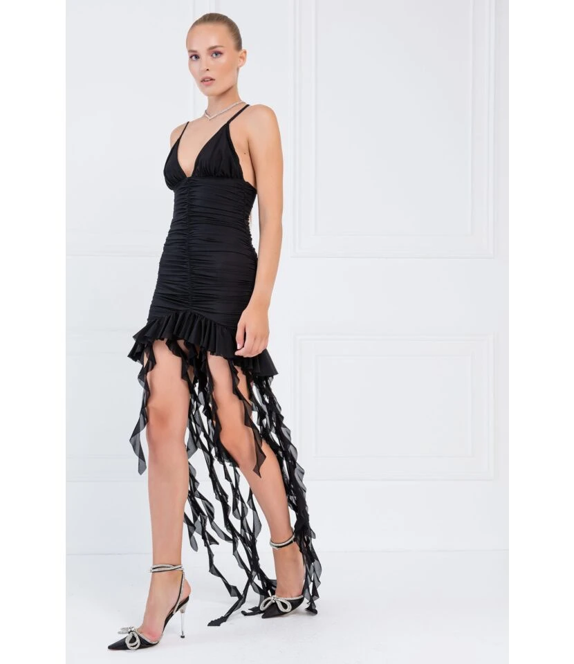 Ribbon Shirring Deep V Open Back Strap Solid Color Dress Wholesale Dresses N462023030600177 - Image 8