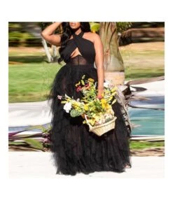 Wholesale Plus Size Clothing Neck-Hanging Large Hem Mesh Dress N5923091200040