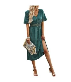 Casual Short-Sleeved Single-Breasted Solid Color V-Neck Long Dress Wholesale Dresses V5923050300060