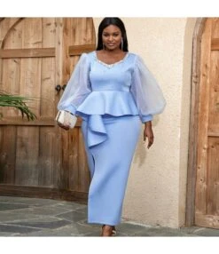 Elegant Square Neck Beaded See-Through Lantern Sleeve One Step Dress Wholesale Dresses V5923050600033