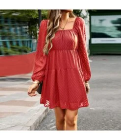 Square Collar Long Sleeve A-Line Jacquard See-Through Dress Wholesale Dresses N46N4623062500007