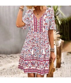 Bohemian Bell Sleeve Print Simple Fringe Dress Wholesale Dresses N462523032300176