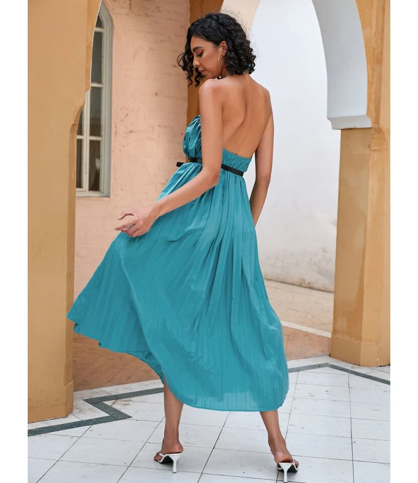 Solid Color Halterneck Cutout Mid-Length Open Back Swing Pleated Dress With Belt Sexy Wholesale Dresses SDN533124 - Image 4