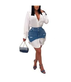 Fashion Denim Skirt Combination Long Sleeve Shirt Dress Wholesale Dresses V5923051300008