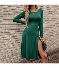Round Neck Casual Long Sleeve Button Slit Midi Knitted Dress Wholesale Dresses SDN537779