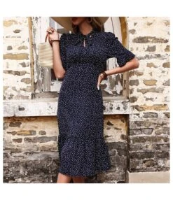 Women Polka Dot Print Puff Sleeve Tie Knot Wholesale Swing Dresses SDN580633