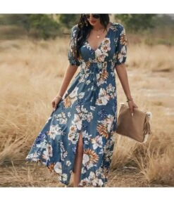 Sexy Deep V Floral Swing Dress Short Sleeve Slim Drawstring High Slit Vacation Wholesale Dresses SDN560326