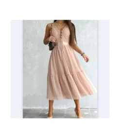 Elegant Suspender Lace Mesh Stitching Backless Dress Wholesale Dresses N462303280017218