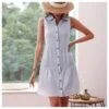 Women Fashion Turn Down Collar V Neck Button Cotton Linen Wholesale Tank Dresses SD168353