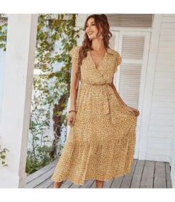 Tieback Design Casual Vacation Dress V Neck Wholesale Dresses SD191088