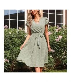 Women Fashion Short Sleeve Printing V Neck Tie Waist Pleated Wholesale Swing Dresses SD203685