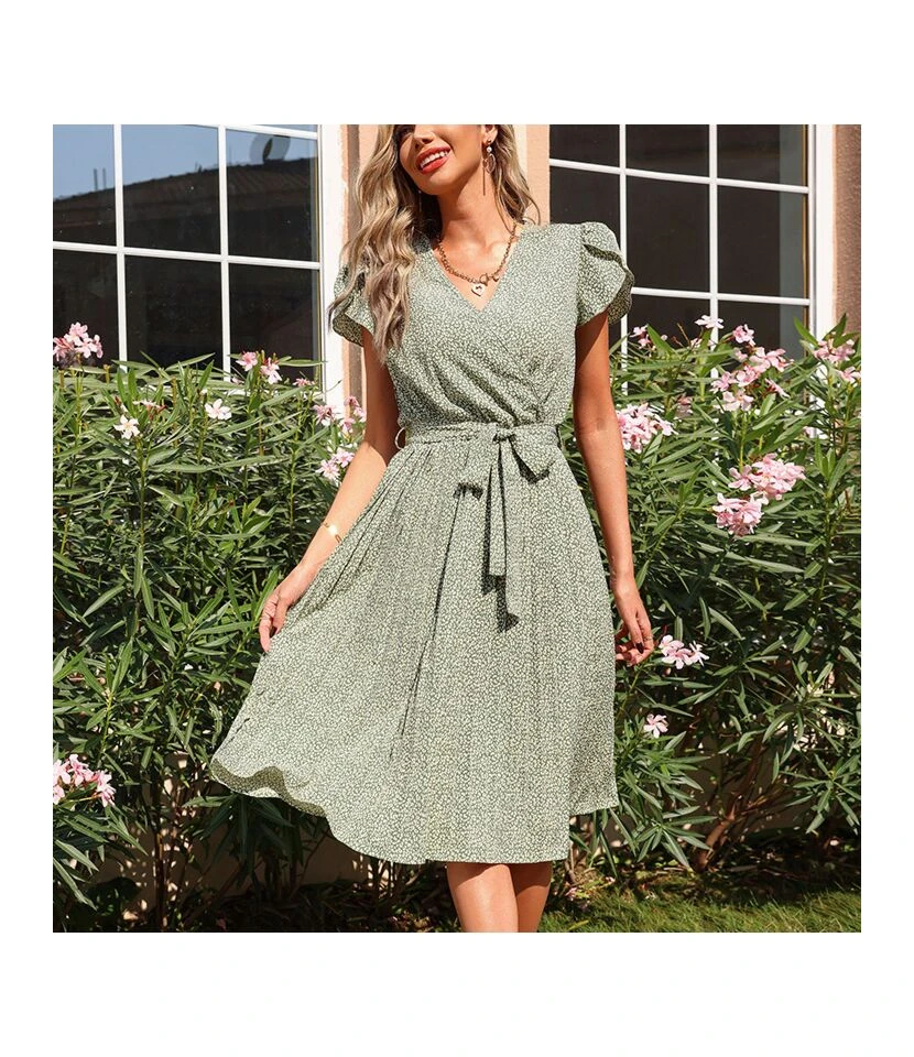 Women Fashion Short Sleeve Printing V Neck Tie Waist Pleated Wholesale Swing Dresses SD203685