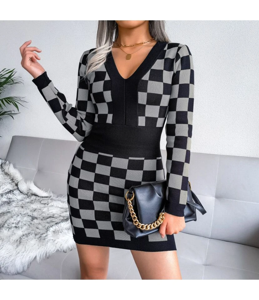 Sexy Knitted Dress Women V-Neck Plaid Printing SD162181 - Image 6