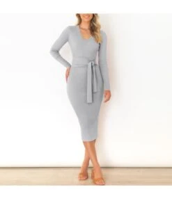 Long-Sleeve V-Neck Slim-Fit Tie Midi Bodycon Knit Dress Wholesale Dresses SDN537004