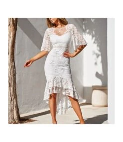 Solid Color Flare Sleeve Lace Slim Elegant Ruffled Fishtail Prom Evening Dress Wholesale Dresses SDN533602