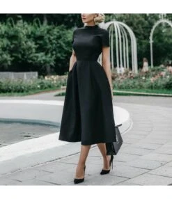 Women High Neck Short Sleeve Black Wholesale Prom Dresses SDN580593