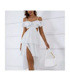 Backless Hollow Ruffled Slit Layered Cake White Cami Dress Wholesale Dresses SDN536203