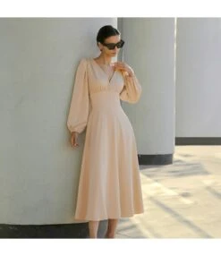 Elegant V-Neck Slim-Fit Lantern-Sleeved Midi Dress Wholesale Dresses SDV463851
