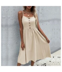 Women Fashion Sleeveless Spaghetti Strap Cotton Linen Wholesale Cami Dresses SD203710