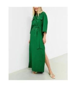 Casual Polo Neck Single-Breasted Tie-Up Solid Color Slit Maxi Shirt Dress Wholesale Dresses SDN562845