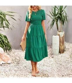 Solid Color Puff Sleeve Slimming Round Neck Smocked Dress Wholesale Dresses SDN539513