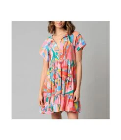Abstract Geometric Print Fringed Short-Sleeved Thin Dress Wholesale Dresses