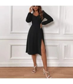 Solid Color V-Neck Slit Long-Sleeve Slim Midi A-Line Dress Wholesale Dresses SDN537343