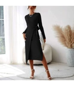 Fashion Lace-Up Bag Hip Long Sleeve Slim Fit Midi Dress Wholesale Dresses SDN537976