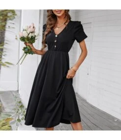 Casual V Neck Midi Dress Short Sleeve Solid Color Slim Swing Wholesale Dresses SDN560511