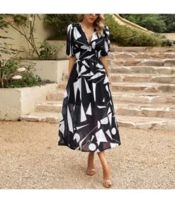 Lantern Sleeve Elegant V-Neck Printed Dress Wholesale Dresses N4623041200027