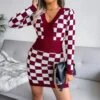 Sexy Knitted Dress Women V-Neck Plaid Printing SD162181