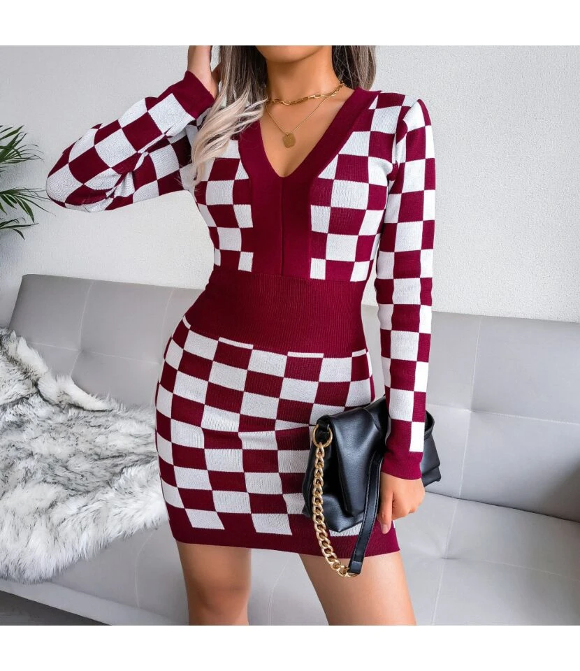 Sexy Knitted Dress Women V-Neck Plaid Printing SD162181