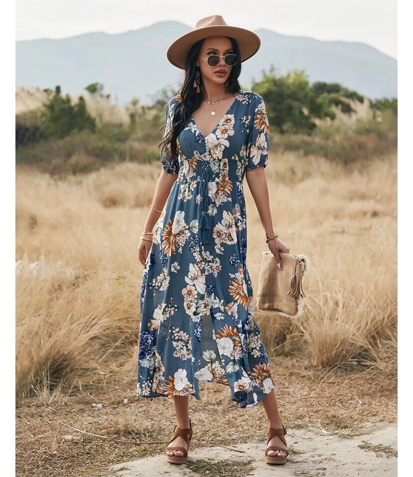 Sexy Deep V Floral Swing Dress Short Sleeve Slim Drawstring High Slit Vacation Wholesale Dresses SDN560326 - Image 3