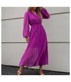 V-Neck High Waist Balloon Sleeve Casual Purple Swing Dress Wholesale Dresses SDN537340
