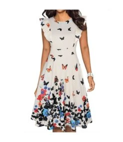 Printed Crew Neck Frill Sleeve Vintage Mid-Length Swing A-Line Dress Wholesale Dresses SDN533636