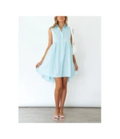 Vertical Stripe Print Lapel Single Breasted Sleeveless Loose Shirtdress Casual Wholesale Shirt Dresses SDN532975