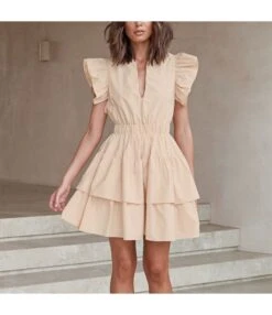 Ruffle Frill Sleeve Solid Color Nipped Waist Cake Dress Wholesale Dresses SDN536412