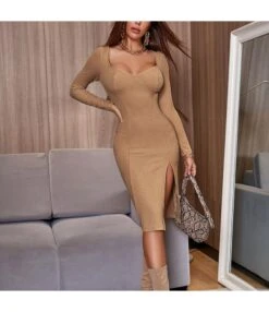Vintage Square Neck Low Cut Side Slit Long Sleeve Skinny Dress Wholesale Dresses SDV464528