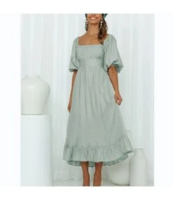 Square Neck Balloon Sleeve Ruffled Swing Vintage Dress Wholesale Dresses SDN535635
