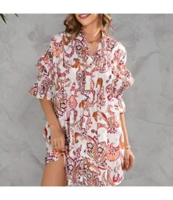 Printed Single-Breasted Cropped Half-Sleeve Wrap Chest Shirtdress Wholesale Casual Dresses SDN533199