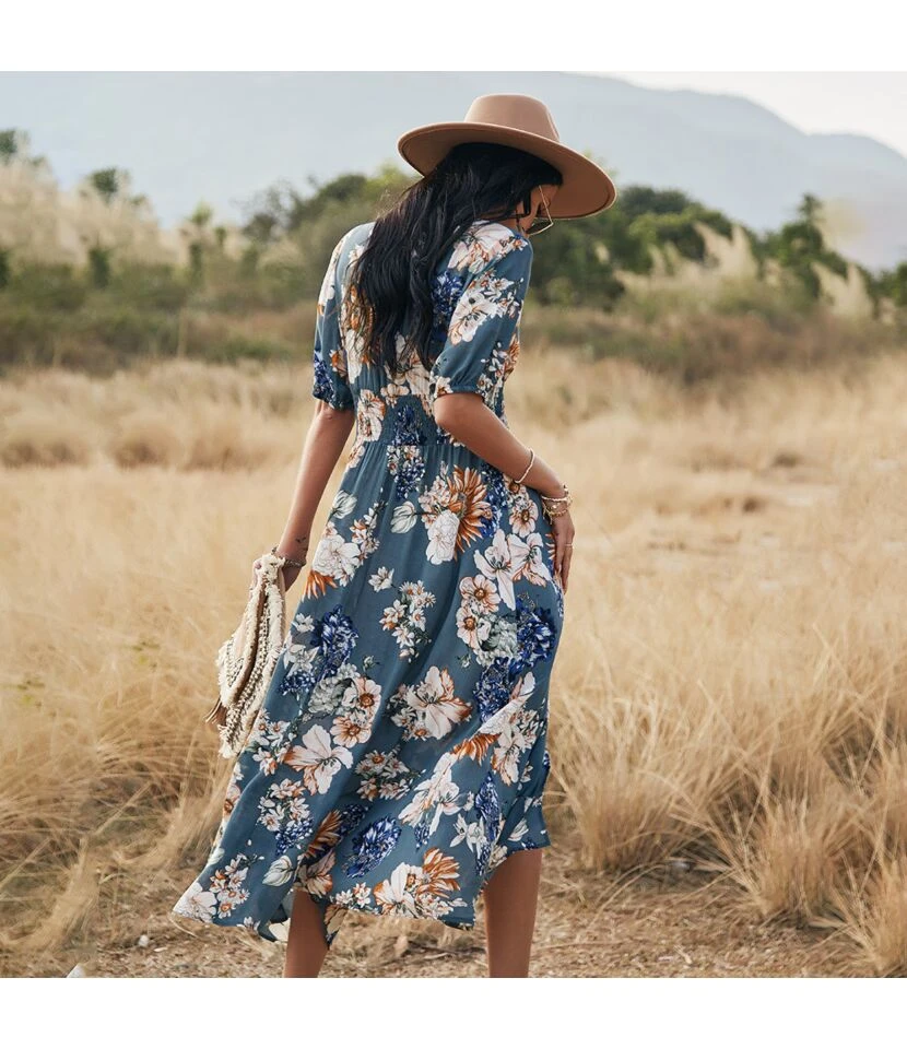 Sexy Deep V Floral Swing Dress Short Sleeve Slim Drawstring High Slit Vacation Wholesale Dresses SDN560326 - Image 4