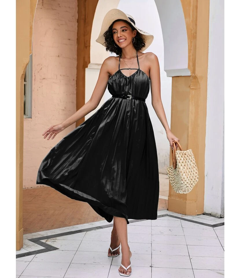 Solid Color Halterneck Cutout Mid-Length Open Back Swing Pleated Dress With Belt Sexy Wholesale Dresses SDN533124 - Image 8