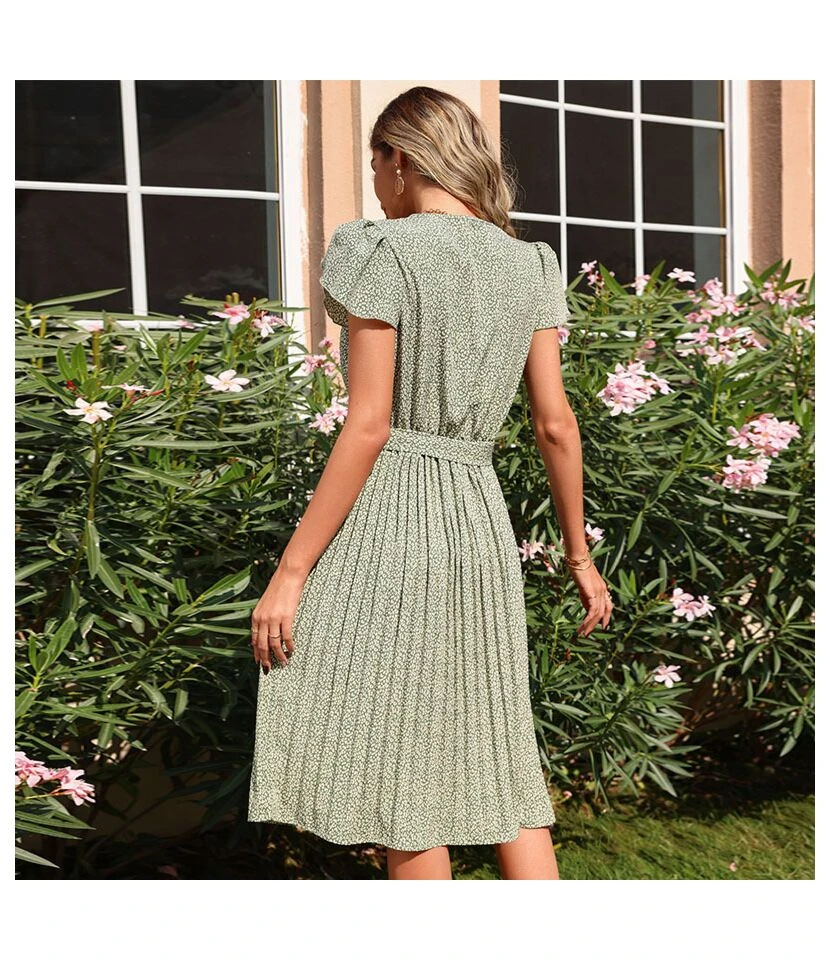 Women Fashion Short Sleeve Printing V Neck Tie Waist Pleated Wholesale Swing Dresses SD203685 - Image 4