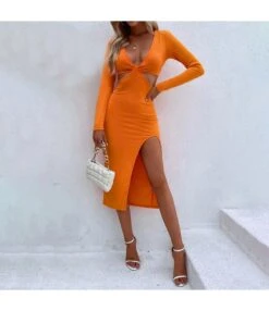 High Waist Slit Long-Sleeve Hollow V-Neck Midi Bag Hip Sexy Dress Wholesale Dresses SDN537990