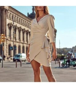 Sexy V-Neck Ruffles Dress Three-Quarter Sleeve Solid Color Wholesale Dresses SDN561494